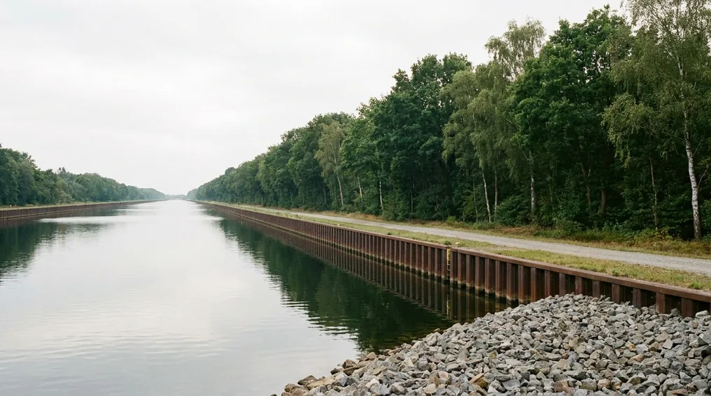 Der Mittellandkanal mit Spundwänden und Steinpackung in Niedersachsen