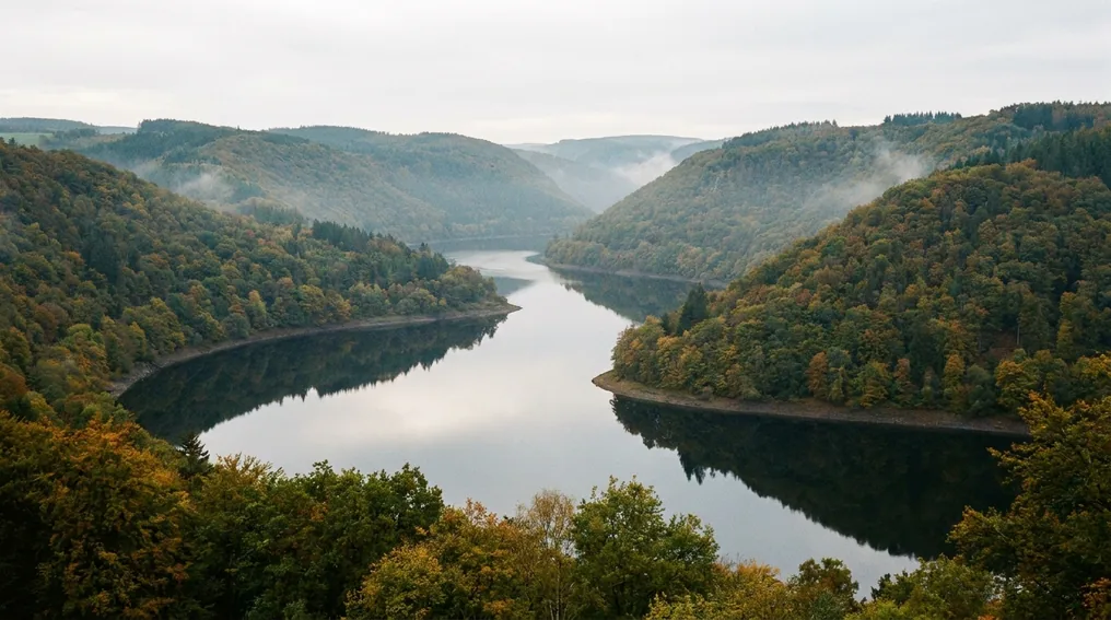 Der Rursee im Nationalpark Eifel mit bewaldeten Ufern