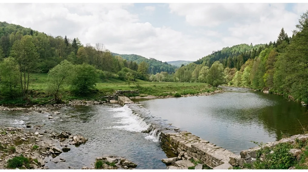 Die Saale bei Jena - steiniger Fluss mit Wehren im Saaletal