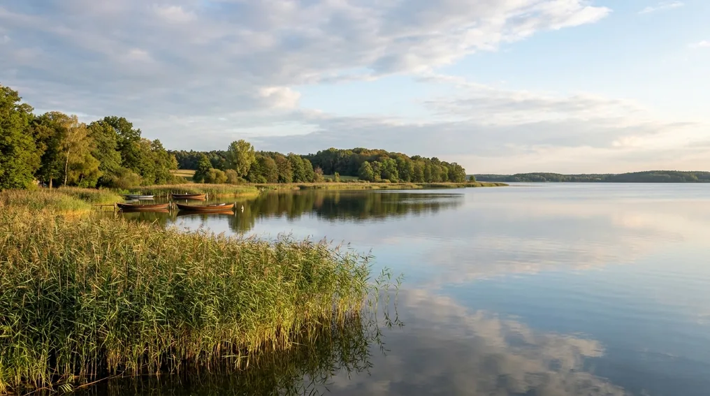 Der Schwielowsee südwestlich von Potsdam mit breitem Schilfgürtel